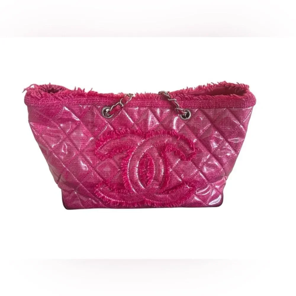 Chanel Pink Tweed Quilted Vinyl Medium Shoulder Tote Bag